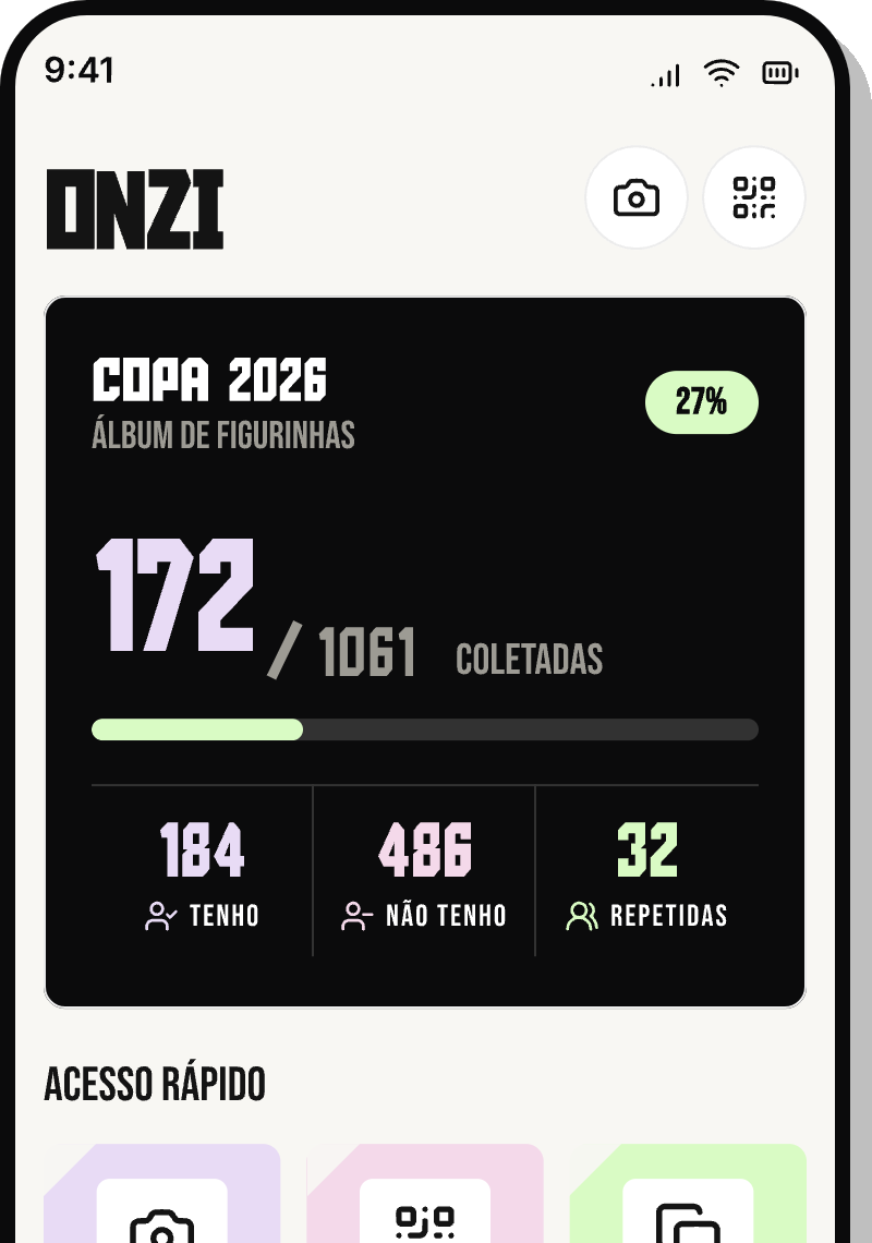 App Onzi mostrando o progresso do álbum, repetidas e trocas